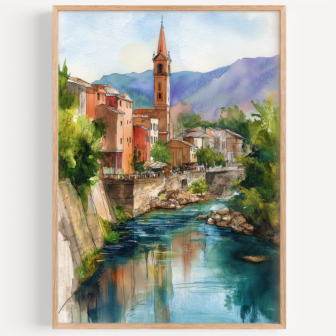 Old Town Riverside Bell Tower Church Watercolor Travel Poster