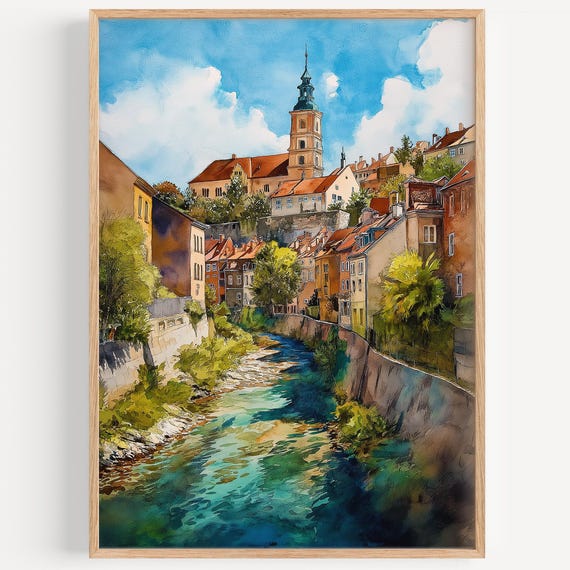 Cesky Krumlov Watercolor Painting Travel Poster