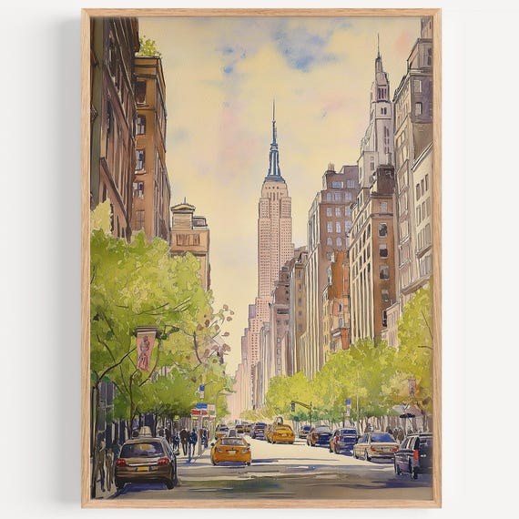 Fifth Avenue Watercolor Painting Wall Art Print New York Poster Travel Decor Illustration Home