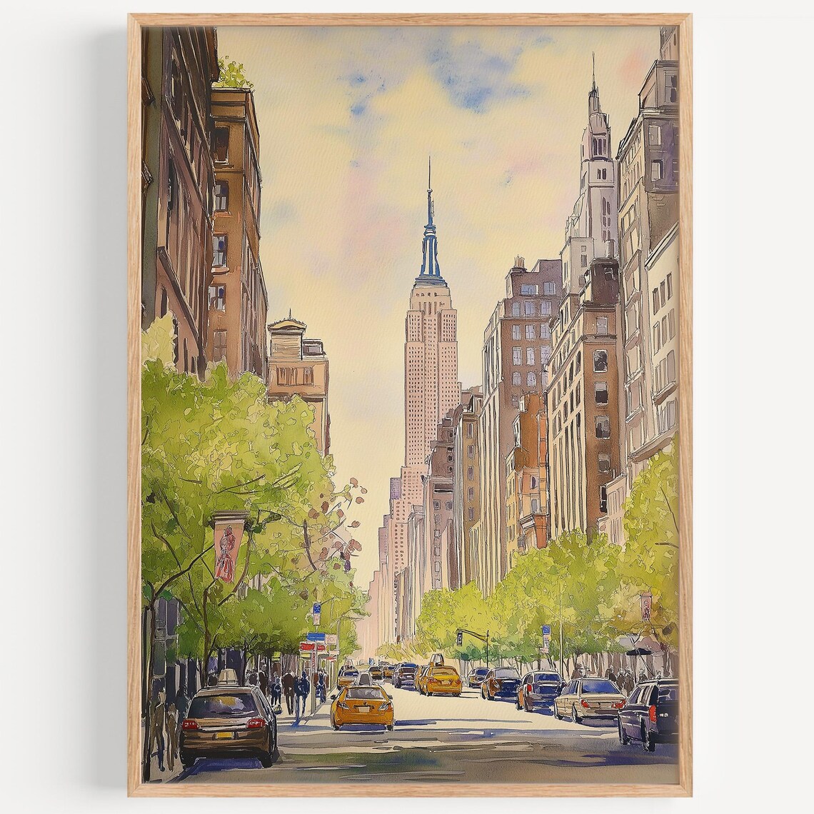 Fifth Avenue New York Empire State Building Taxis Watercolor Poster
