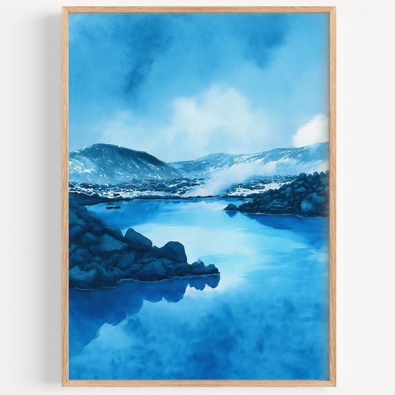 Blue Lagoon Watercolor Painting Wall Art Print Travel Poster Iceland Decor Illustration Home
