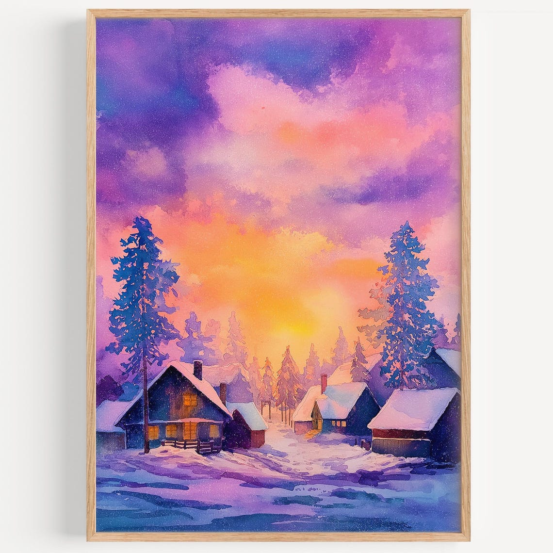 Snowy Village Sunset Watercolor Cozy Winter Cabin Forest Poster