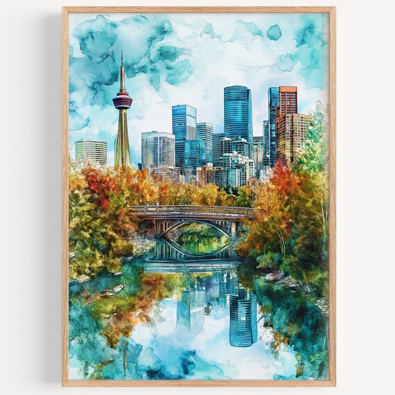 Calgary Canada Watercolor Poster Tower Bridge Autumn Trees Scene