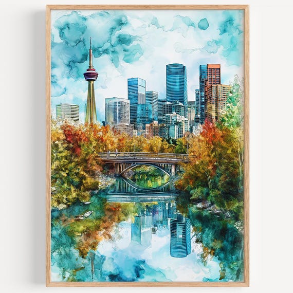 Calgary Watercolor Painting Wall Art Print Travel Poster Canada Decor Illustration Home