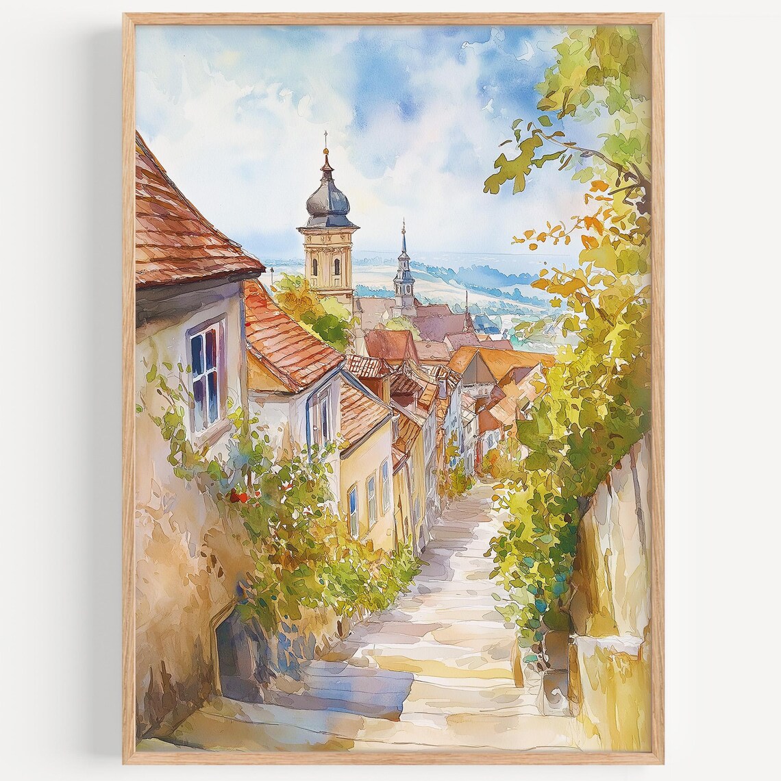 Sibiu Romania Old Town Watercolor Street Scene with Church Tower Poster