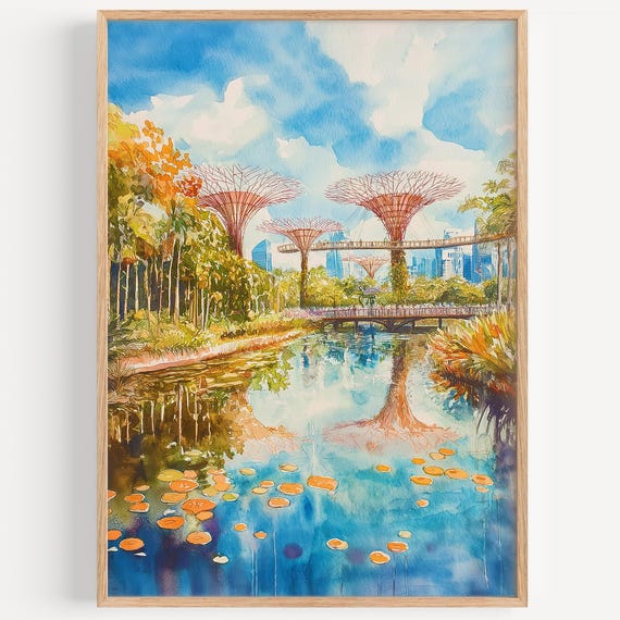Singapore Watercolor Painting Wall Art Print Travel Poster Asia Decor Illustration Home