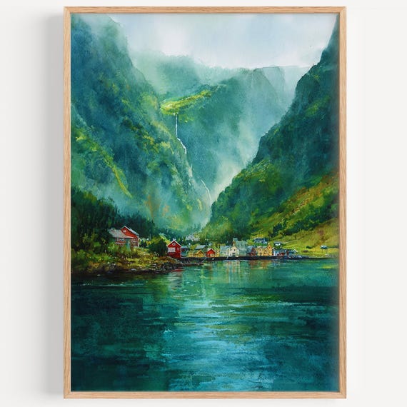 Sognefjord Watercolor Painting Wall Art Print Norway Travel Poster Decor Illustration Home