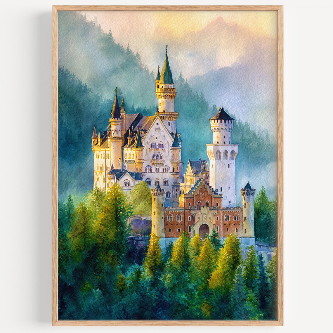 Bavaria Neuschwanstein Castle Misty Mountains Dreamy Watercolor View Poster