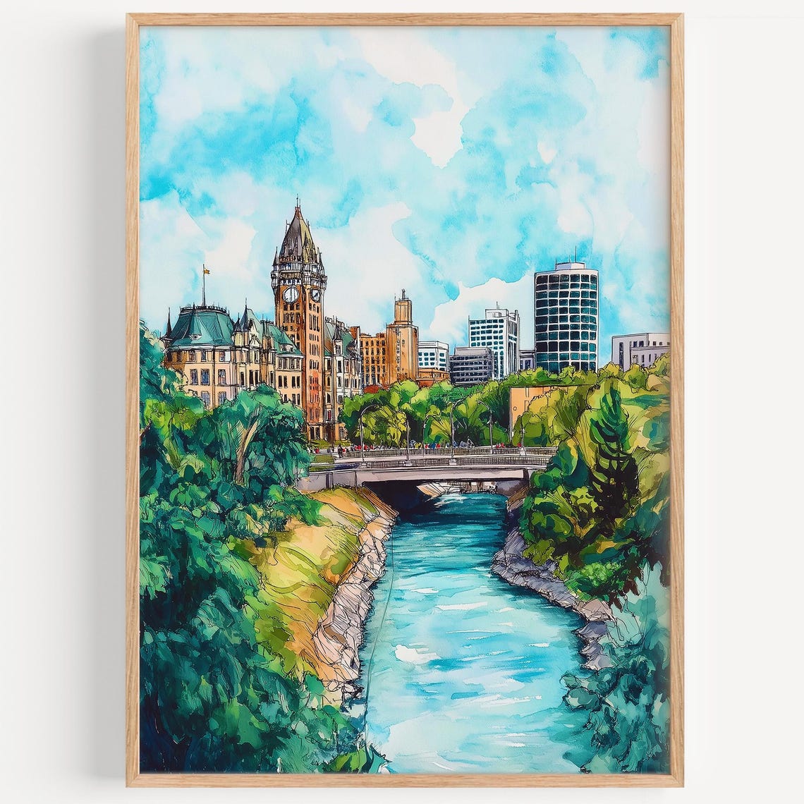 Winnipeg Canada Watercolor Poster River Bridge Clock Tower Art
