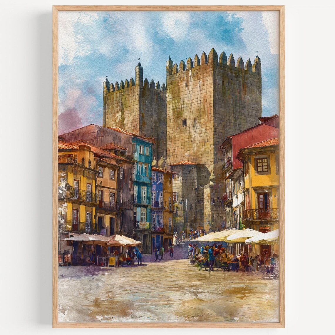 Guimaraes Portugal Castle Square Cafes Watercolor Travel Poster