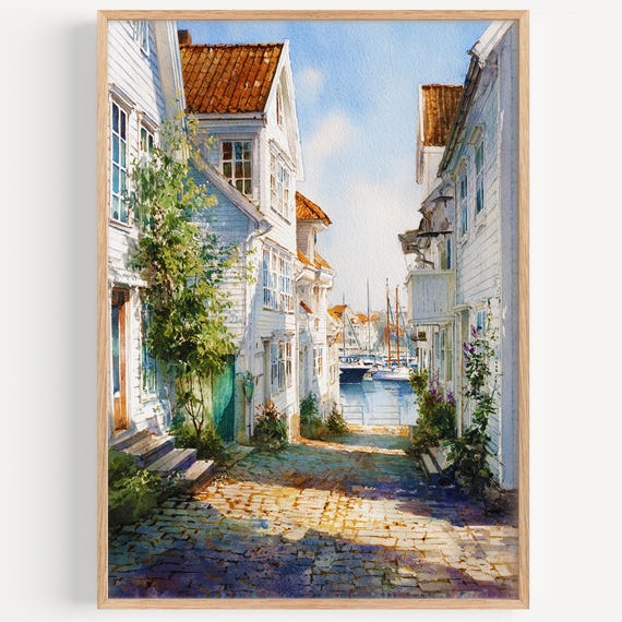 Stavanger Watercolor Painting Wall Art Print Norway Travel Poster Decor Illustration Home