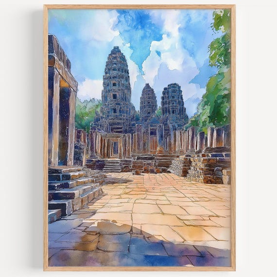 Bayon Temple Watercolor Painting Wall Art Print Travel Poster Cambodia Decor Illustration Home