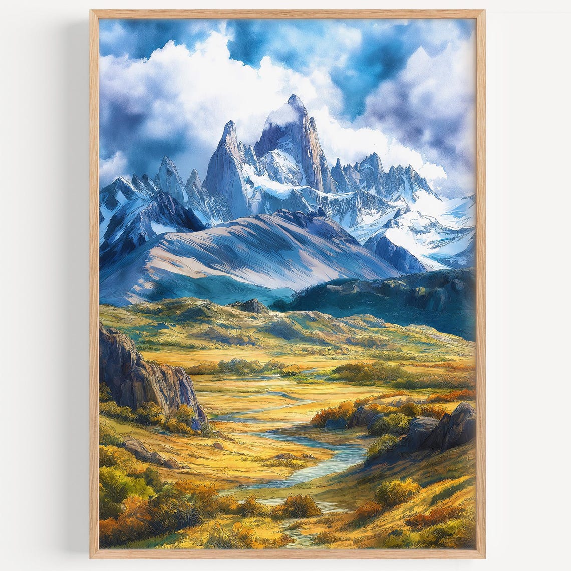 Dramatic Snowy Mountain Valley Watercolor Alpine Landscape Poster