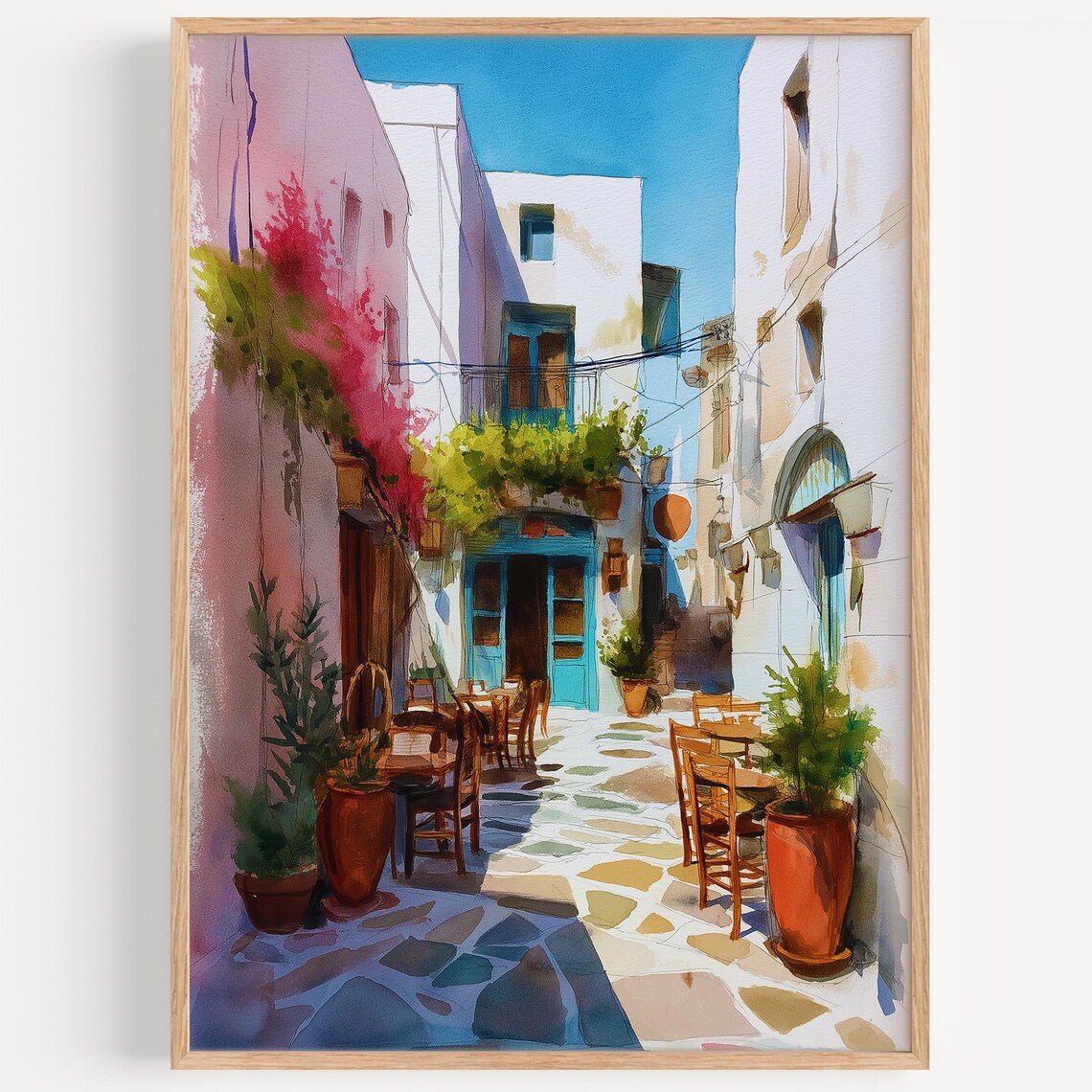 Naxos Greece Alley Watercolor White Buildings Cafe Street Travel Poster