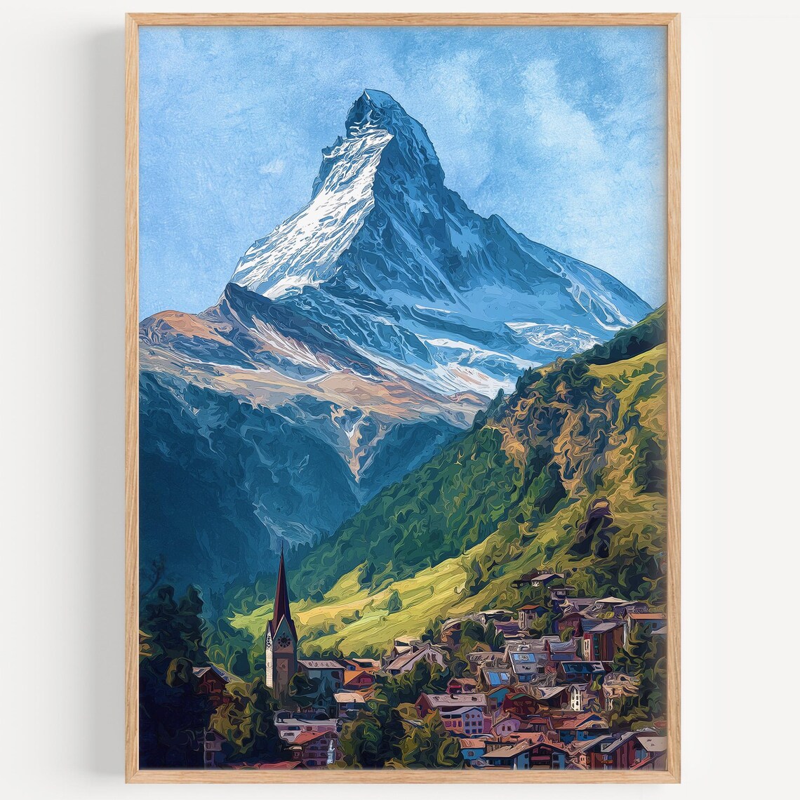 Matterhorn Snowy Peak Swiss Alpine Village Watercolor Poster