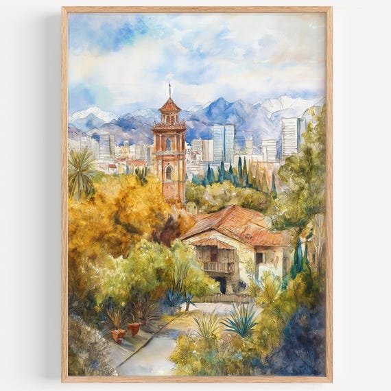 Santiago Watercolor Painting Wall Art Print Travel Poster Chile Decor Illustration Home