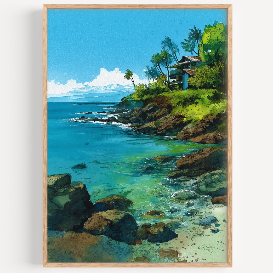 Maui Hawaii Rocky Coast Beach House Watercolor Travel Poster