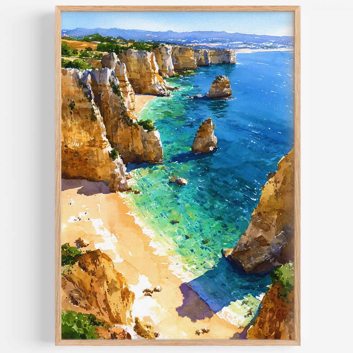Algarve Portugal Cliffs Turquoise Sea Watercolor Travel Art Poster