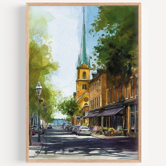 Charlottetown Street With Church Steeple Sunlit Trees Watercolor Art Poster