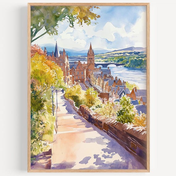 Inverness Watercolor Painting Wall Art Print Scotland Poster Uk Travel Decor Illustration Home