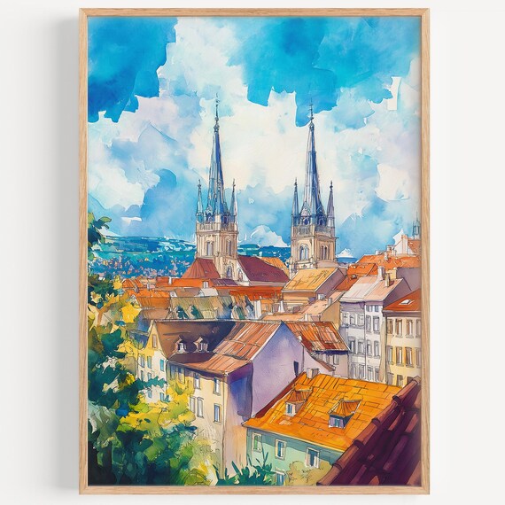 Sunny Old European Town Twin Church Spires Watercolor Poster