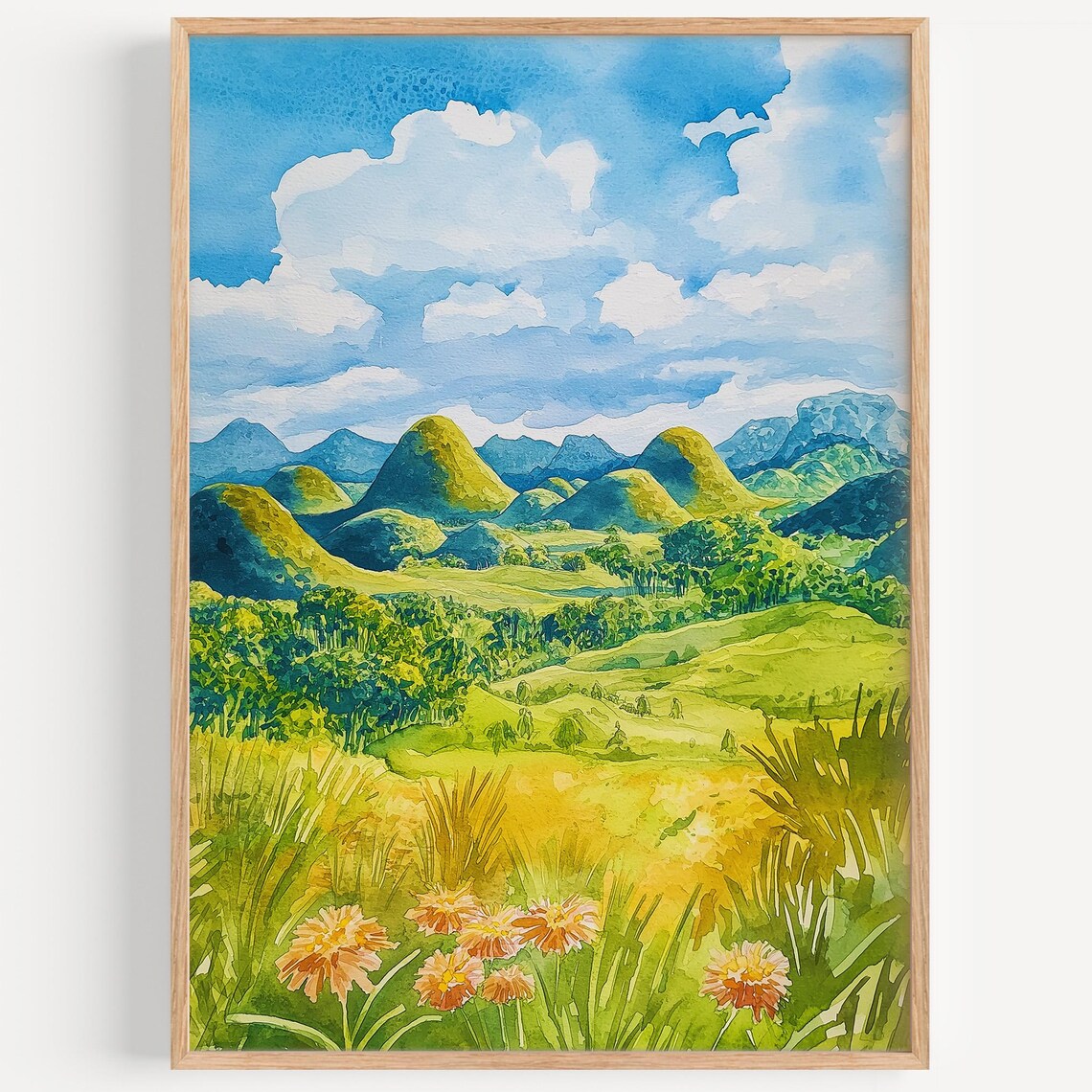 Rolling Green Hills Wildflower Meadow Watercolor Landscape Poster