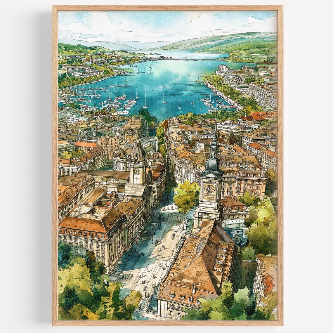 Geneva Watercolor Travel Poster, Switzerland Decor