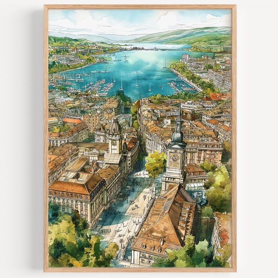 Geneva Watercolor Travel Poster, Switzerland Decor