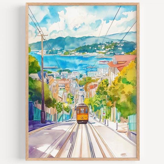 Wellington Watercolor Painting Wall Art Print Nz Travel Poster Decor Illustration Home