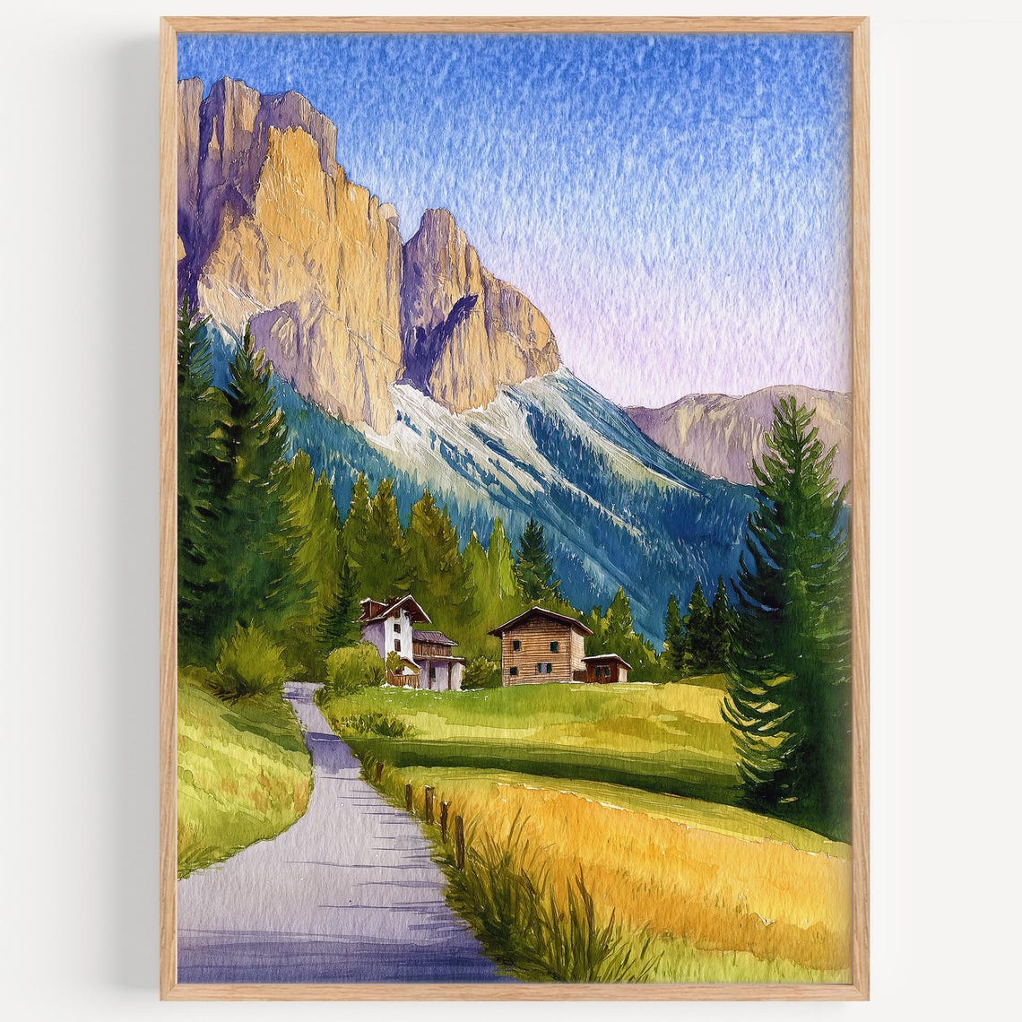 Dolomites Alpine Village Chalets Limestone Cliffs Watercolor Poster
