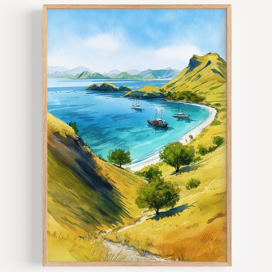 Komodo Island Bay Boats Golden Hills Watercolor Travel Poster