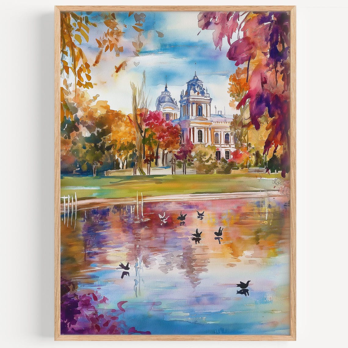 Regents Park London Autumn Lake Ducks Palace Watercolor Poster