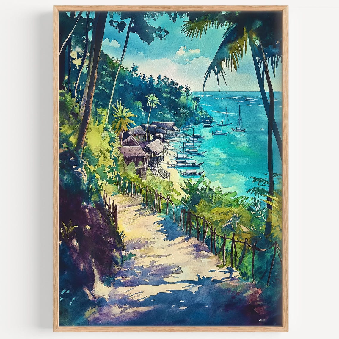Boracay Philippines Tropical Beach Path Palm Boats Watercolor Poster