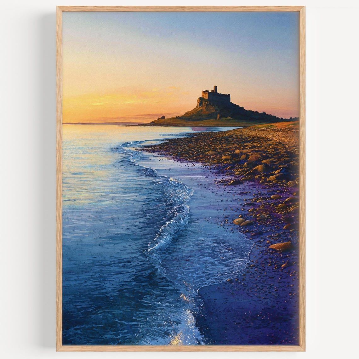 Lindisfarne Castle On The Rock At Golden Sunset Watercolor Poster
