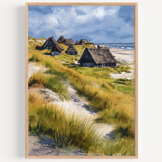 Fan Island Watercolor Painting Wall Art Print Travel Poster Denmark Decor Illustration Home