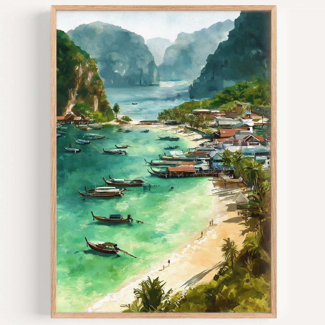 Ko Phi Phi Island Turquoise Bay Longtail Boat Watercolor Poster