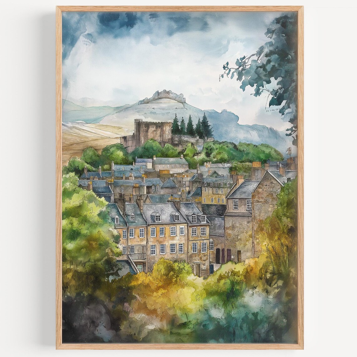 Stirling Scotland Castle Hill Old Town Watercolor Landscape Poster