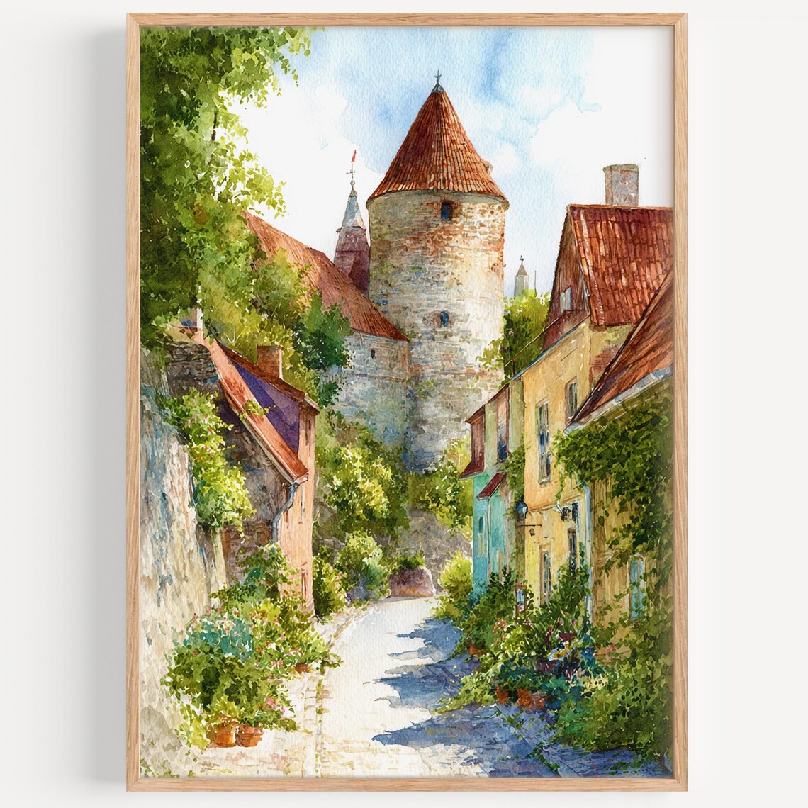 Visby Sweden Medieval Tower Old Town Street Watercolor Travel Poster