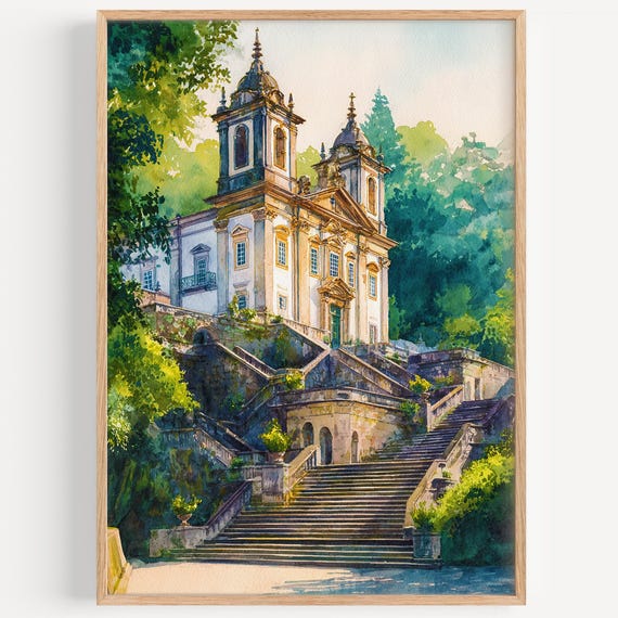 Braga Watercolor Painting Wall Art Print Portugal Travel Poster Decor Illustration Home