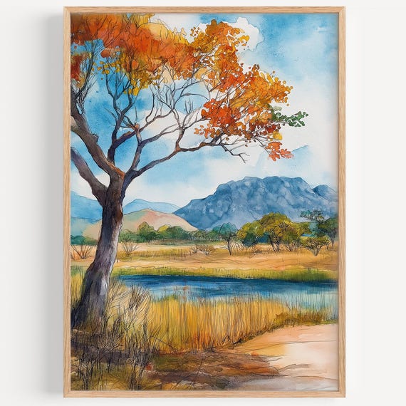 Kruger National Park Watercolor Painting Wall Art Print Travel Poster Decor Illustration Home