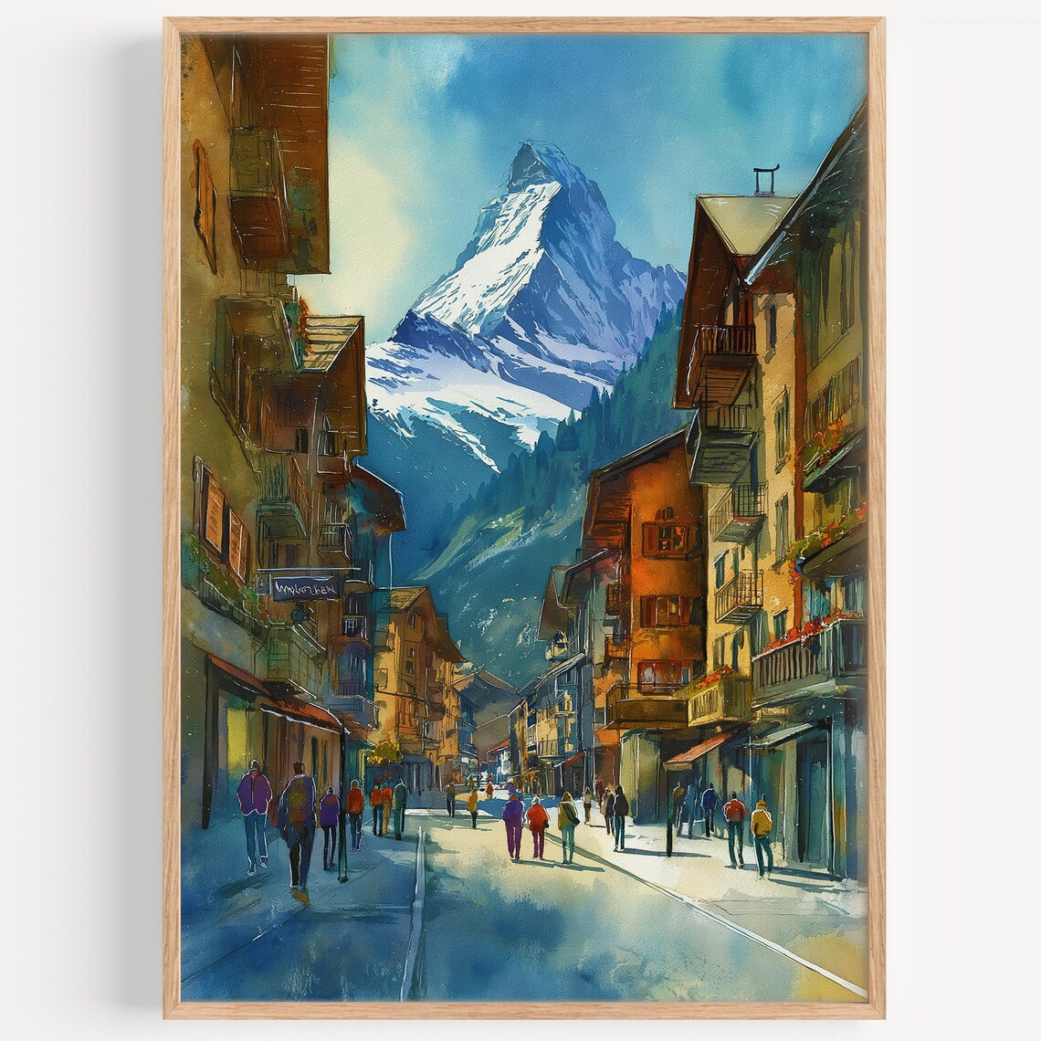 Zermatt Switzerland Matterhorn Alpine Village Street Watercolor Poster