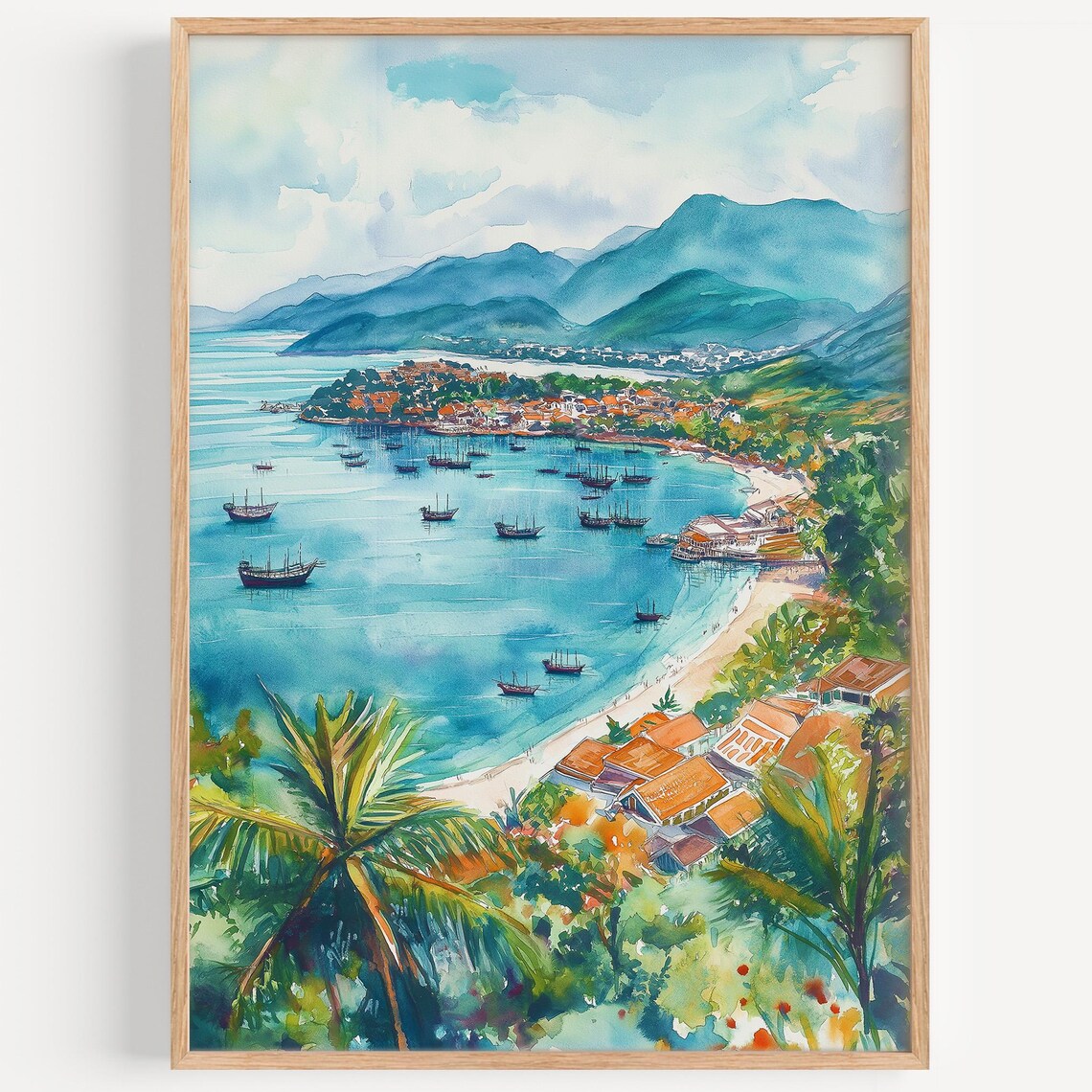 Nha Trang Vietnam Bay Boats Palm Trees Coastal Watercolor Travel Poster