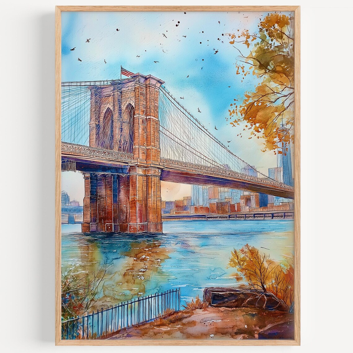 Brooklyn Bridge Watercolor Travel Poster, NYC Decor
