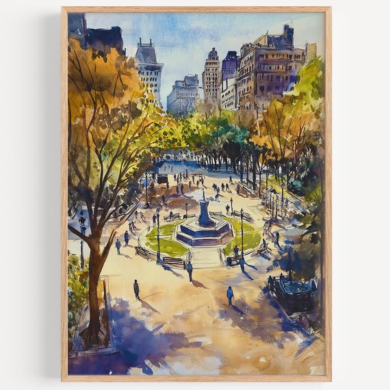 Washington Watercolor Poster City Square Fountain Autumn Trees