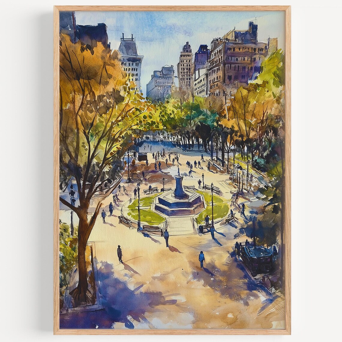 Washington Watercolor Poster City Square Fountain Autumn Trees