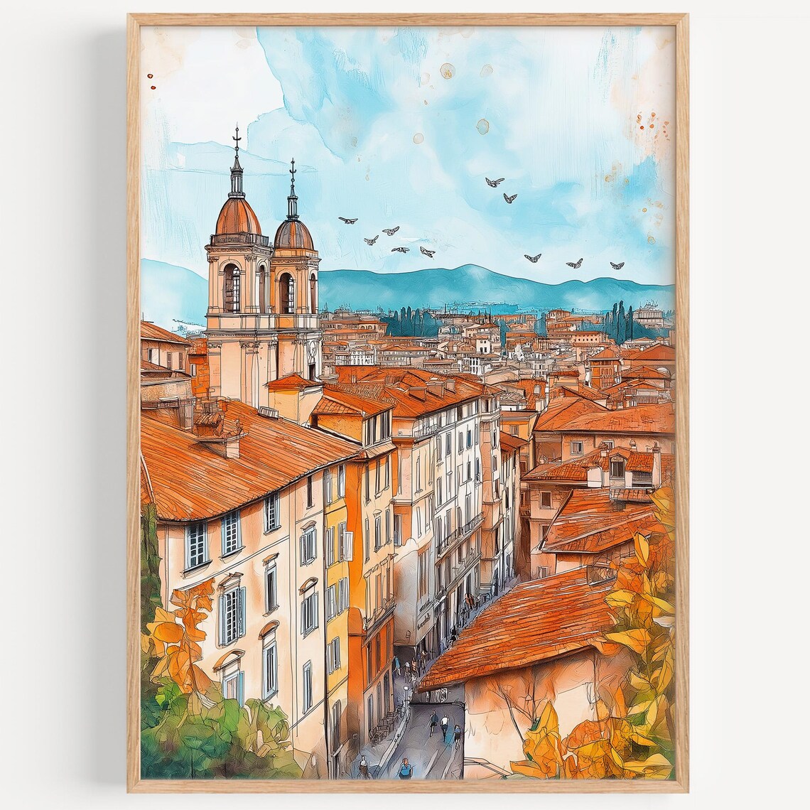 Turin Italy Watercolor Poster Terracotta Rooftops Church Domes