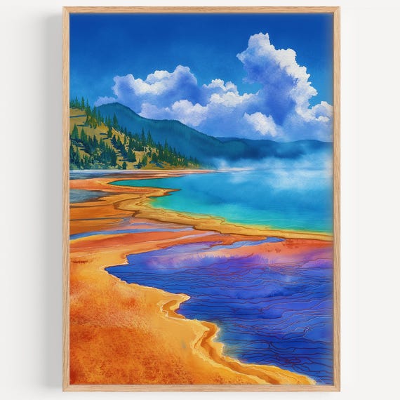 Grand Prismatic Spring Watercolor Painting Wall Art Print Travel Poster Decor Illustration Home