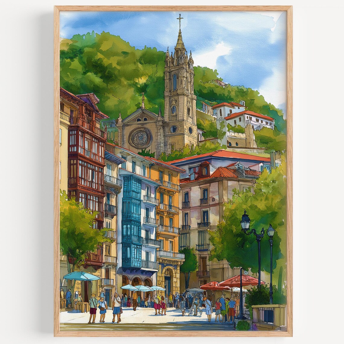 San Sebastian Old Town Watercolor Church Plaza Spain Travel Poster