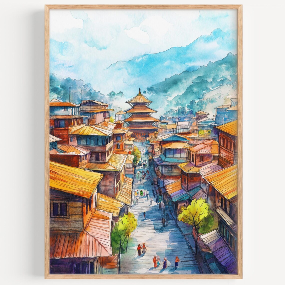 Kathmandu Temple Street Watercolor Painting With Mountain View Poster