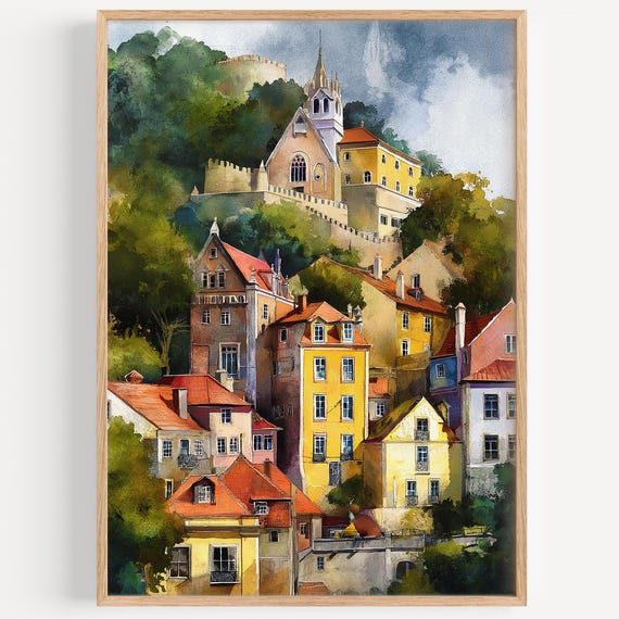 Sintra Watercolor Painting Wall Art Print Travel Poster Portugal Decor Illustration Home